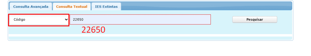 Imagem no site do por e-MEC checando Universidade pelo código da Instituição (IES)