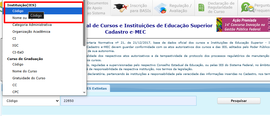 Imagem no site do por e-MEC checando se Instituto Oliver é reconhecido pelo MEC na pelo código da Instituição (IES)