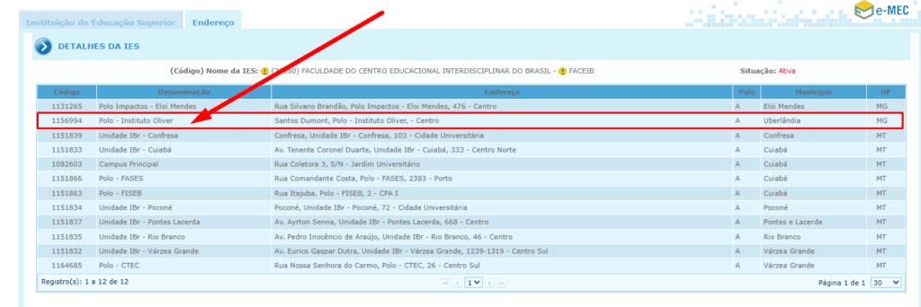 Imagem no site do portal e-MEC conferindo polos ativos na lista