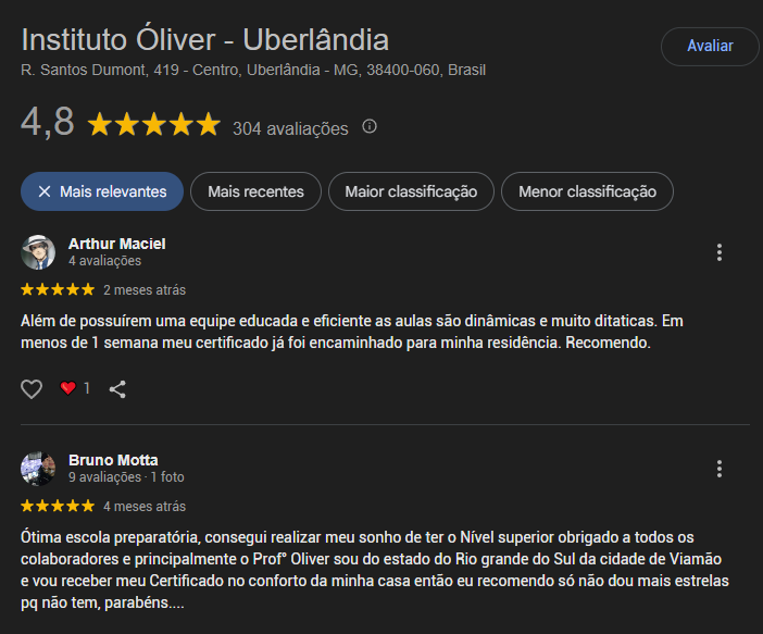 Instituto Oliver é confiável. Centenas de Depoimento no perfil verificado do Google Empresas