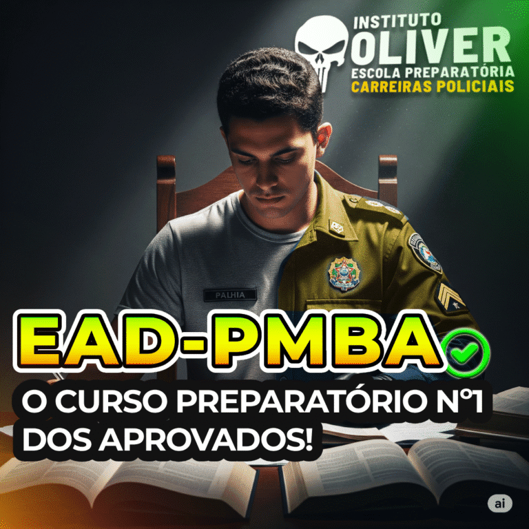 EAD PMBA: Prepare-se para a Polícia Militar da Bahia On-line. Jovem sentado estudando, olhando para frente, metade do corpo com traje de estudante e metade à direita com traje de aprovado na PM-BA como Soldado. https://instituteoliver.com.br