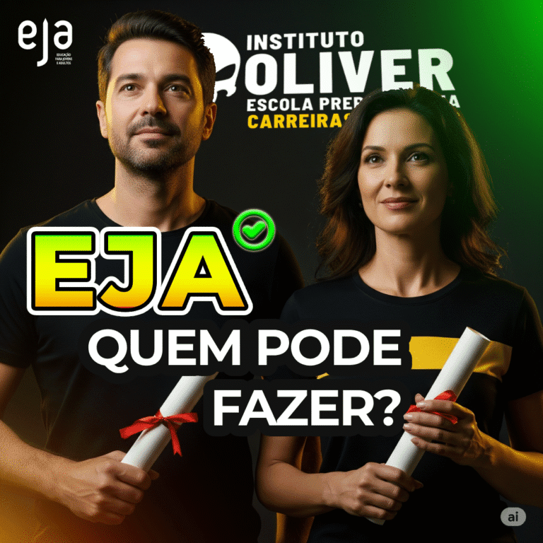 EJA quem pode fazer? (homem ao lado esquerdo e mulher à direita segurando canudo de diploma. Terminaram seus estudos com o EJA do Instituto Oliver)